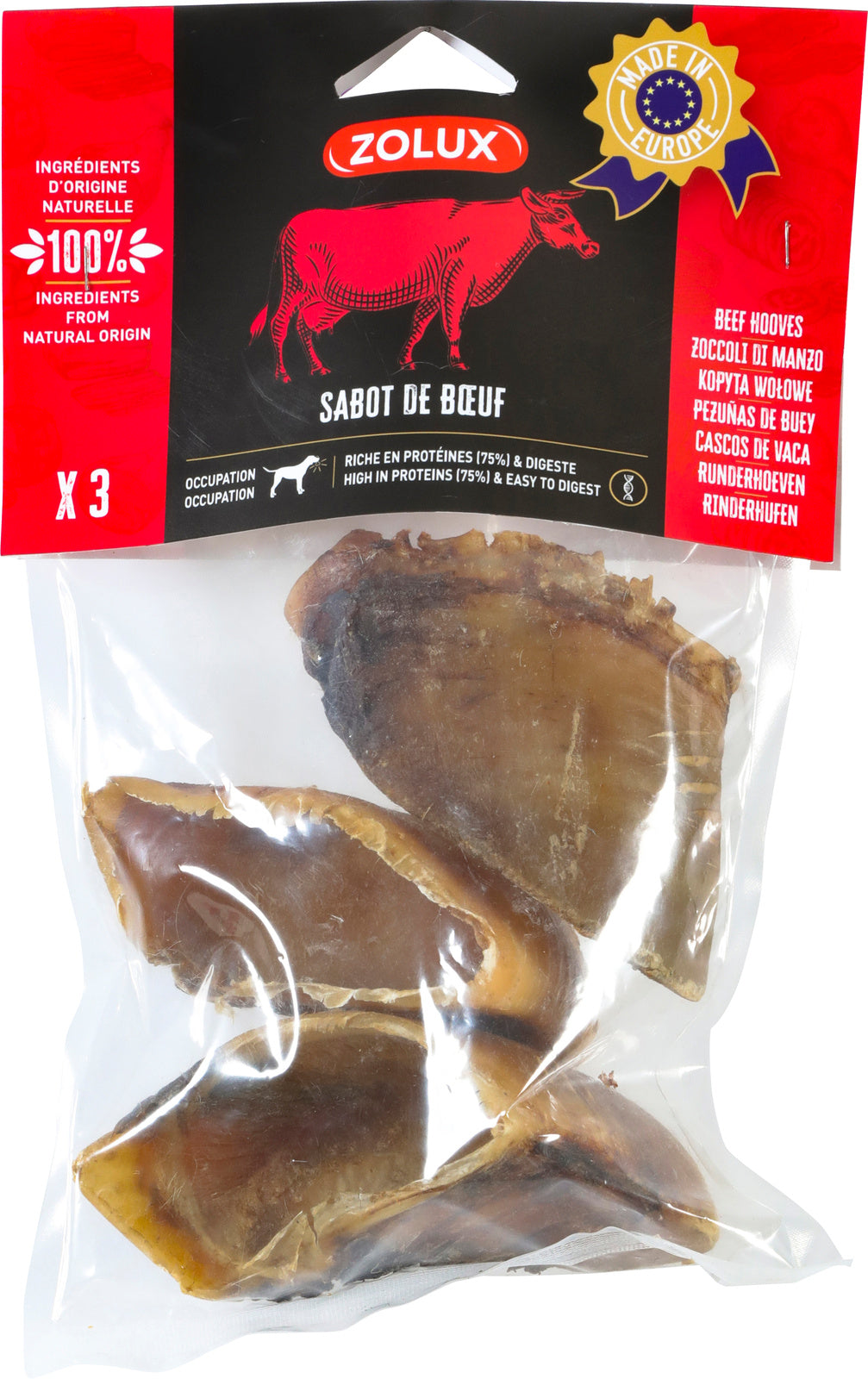 Confezione Zolux Zoccoli di Manzo essiccati per cani, 100% naturali, 3 pezzi, ricchi di proteine, made in Europe Confezione Zolux Zoccoli di Manzo essiccati per cani, 100% naturali, 3 pezzi, ricchi di proteine, made in Europe